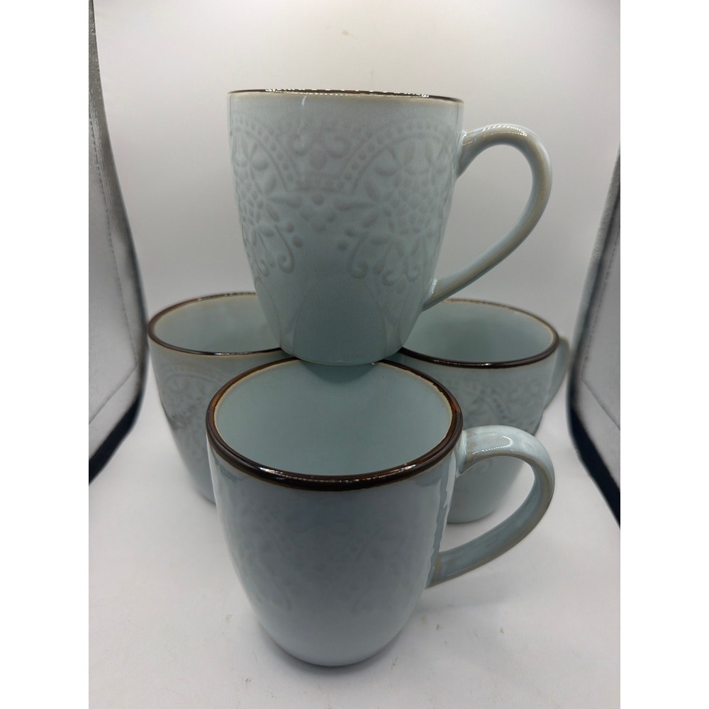 4 Mugs Light Blue w/ Brown Trim Pfaltzgraff Joanne 12 oz